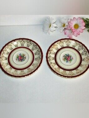 Vintage Myott Staffordshire Saucers 2 Ornate Gold Filigree Floral Burgundy Band